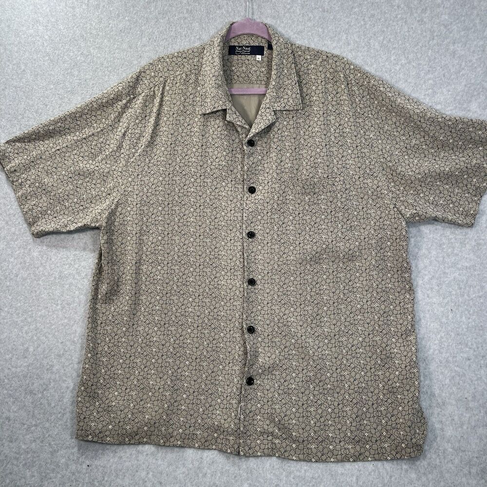 Nat Nast Luxury Originals Shirt Men's XL khaki cream Geometric Silk Short Sleeve